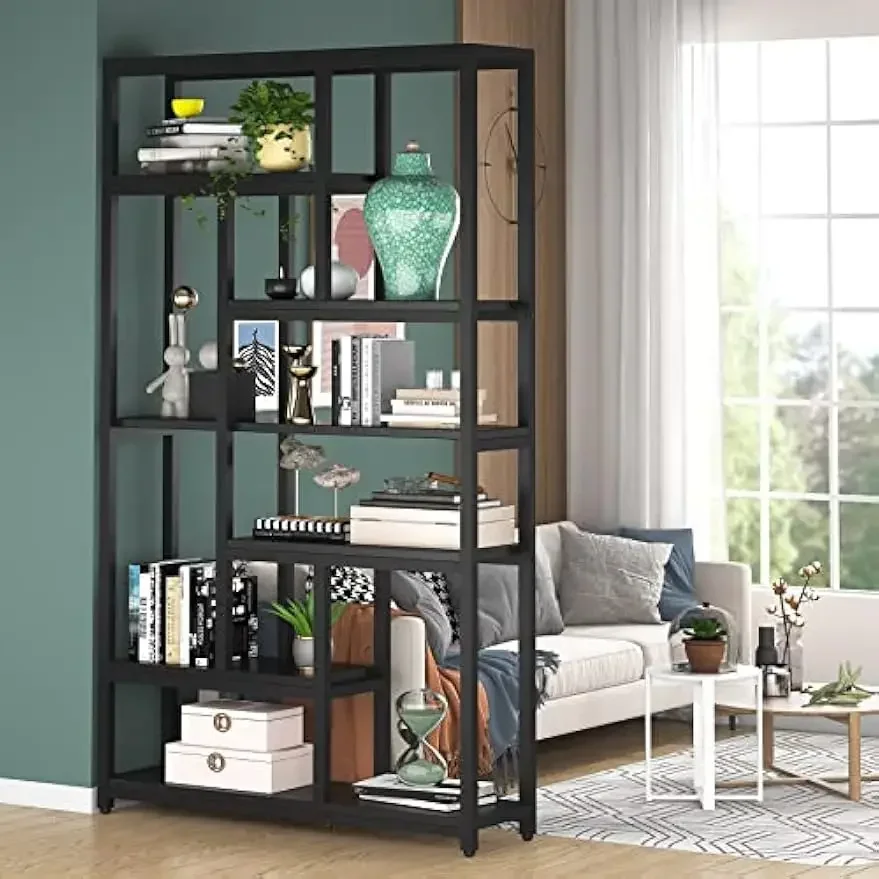 79 Inch Bookshelf, 7-Tier Tall Bookcase with 10-Open Shelf, Wood and Metal Book Shelf Storage Shelves for Bedroom, Living Room