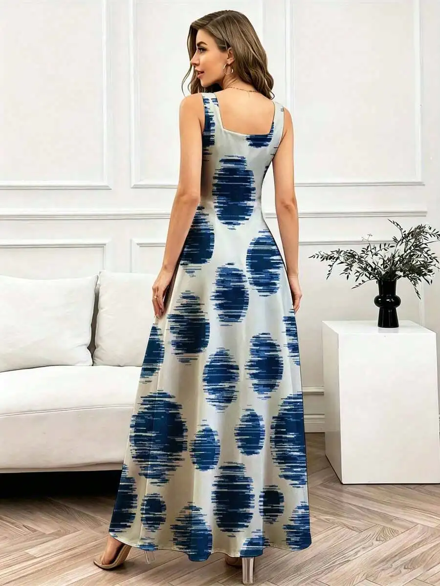 

Square Neck Sleeveless Maxi Dress Blue Polka Dot Print Flowing Flare Women Long Dress Casual Leisure