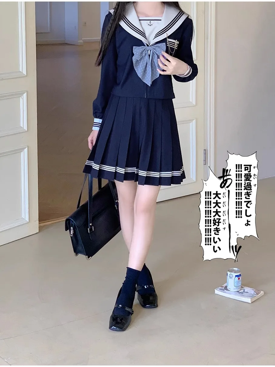 Japanischer süßer adretter Stil jk Uniform Matrosen kragen Langarm Reiß verschluss oben hohe Taille a-Linie Falten rock zweiteilig Set Frauen