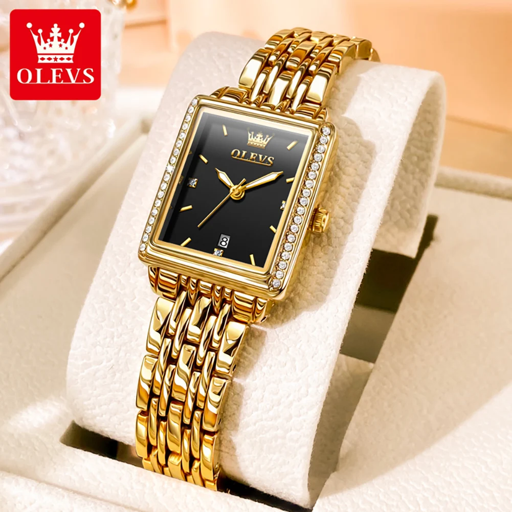 OLEVS-Relógio Quartzo Feminino com Bracelete de Aço, Simples e Elegante, Calendário Impermeável, Retangular, Brand, 9995