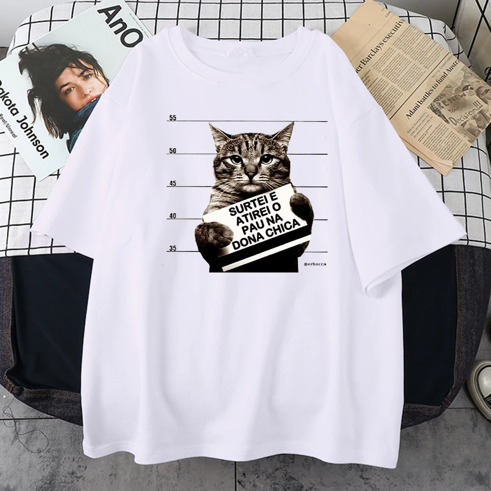 Little Fat Cat Holding A Crime Card Print Man Tshirt Style Crewneck T Shirt Fashion Loose Tshirts Simplicity S-Xxxl Men Clothes