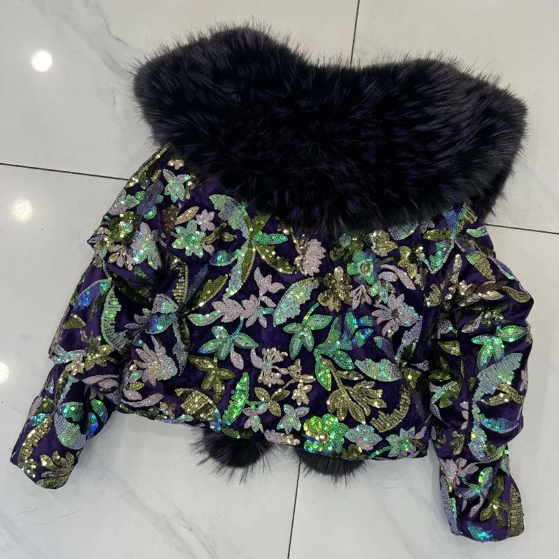 ファッション大型ファー襟キルティング厚手暖かいコート レディース スタイリッシュなスパンコールフェイクファー トップス 冬新作 ショート丈シングルブレストコート