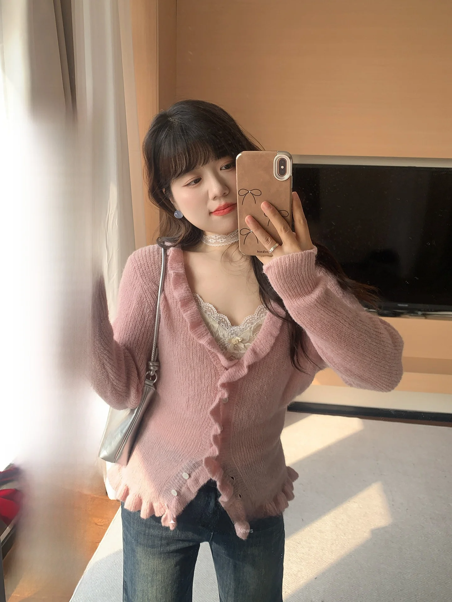 

Мягкий длинный кардиган с рюшами, розово-белый, цвет «водяная роза», большой размер, женский, свободного кроя, весенняя мода