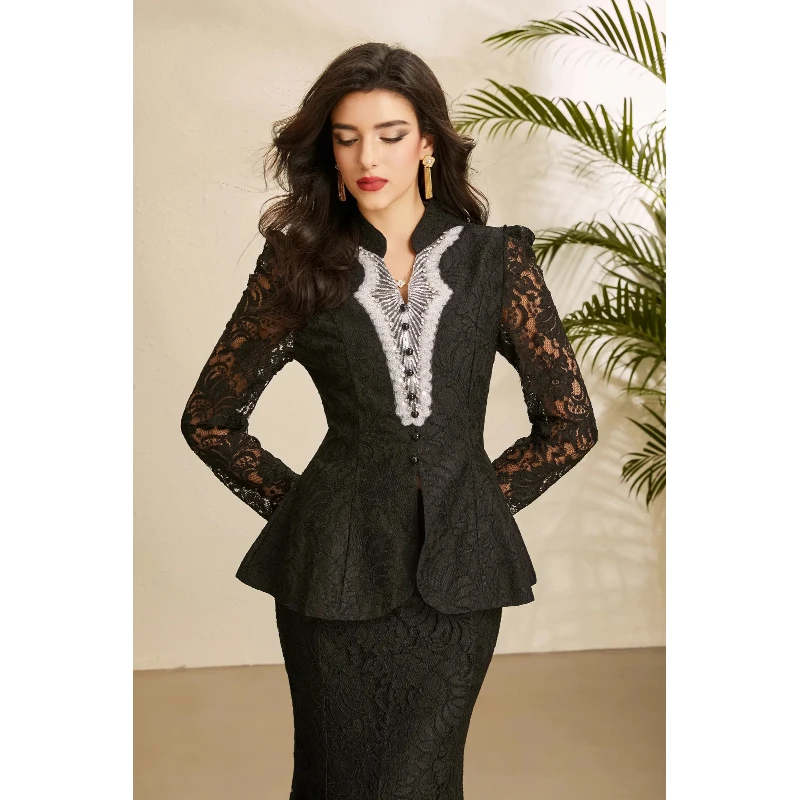 Women Elegant Lace Embroidery Two Piece Set Sequin Beaded Long Sleeve Top High Waist Bodycon Mermaid Maxi Skirt Evening Outfit