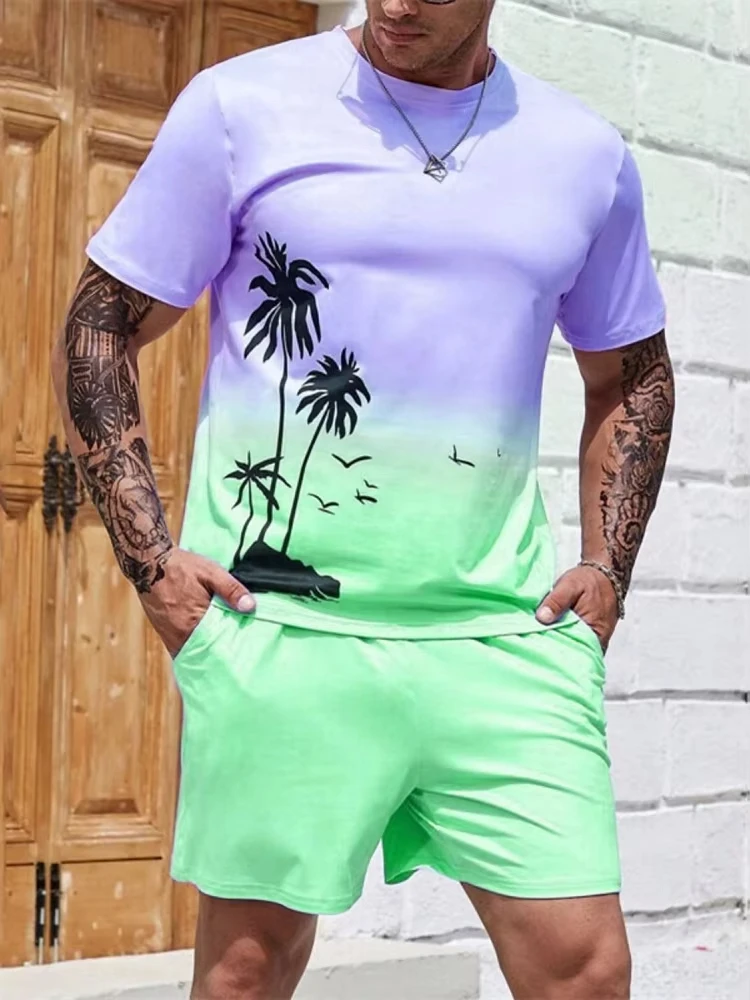 

Hawaiian-style 3D Palm Tree Printed Men's T-shirt Shorts Set Summer Casual Short-sleeved Top Seaside Vacation Men's Beach Shorts