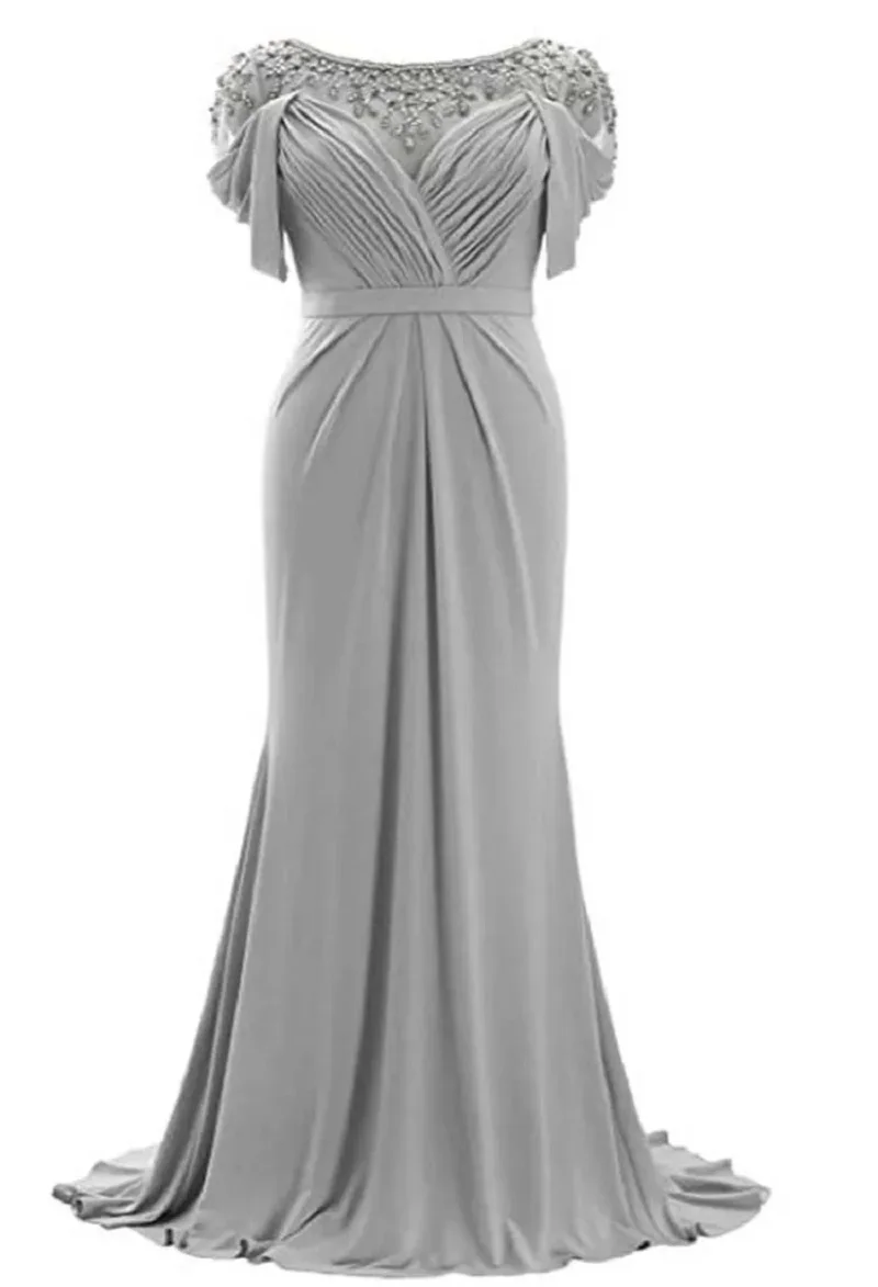 YNQNFS floor length round neck wine red bride mother dress beaded short sleeve knitted formal evening dress wedding guest dress