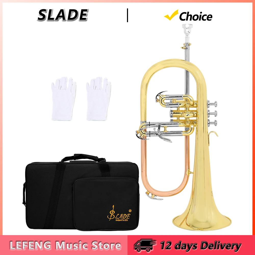 

SLADE Bb Flugelhorn Латунный корпус Золотой лак Flugelhorns Труба Латунный инструмент с футляром Перчатки Мундштук Аксессуары