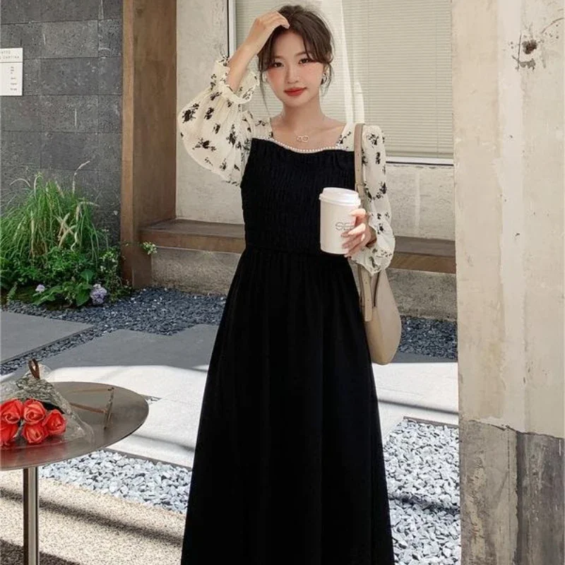 Midi Black Party Square Neck Woman Long Sleeve Dress Prom Clothing Beach Designer High Quality Luxury On Sales Dresses for Women