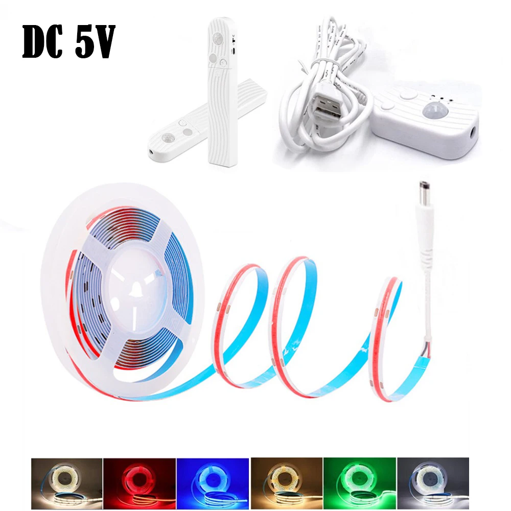 

5V COB LED Strip PIR Motion Sensor Linear Lights RA 90 High Density Flexible Rope 320 LEDs/m FOB LED Light USB/Battery Powered