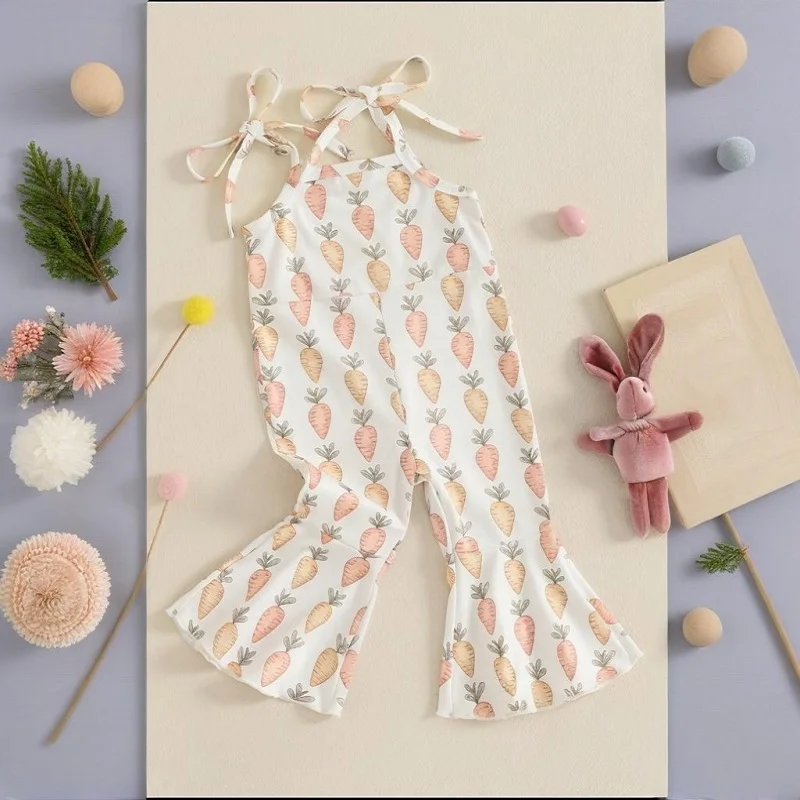 Toddler Girls Easter Jumpsuit Newborn Carrot Pattern Sleeveless Bell Bottoms Flare Pants Baby Girls Romper Streetwear