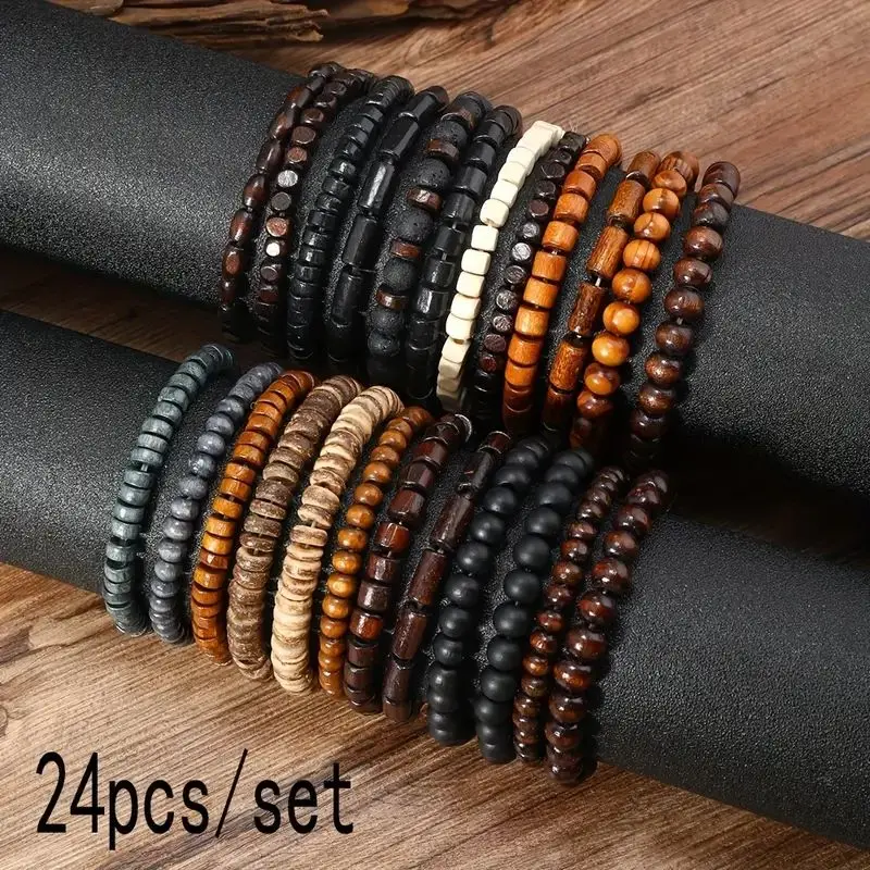 24pcs/set Men\'s Retro Trendy Multi-layer Bracelet Set, Versatile Elastic Thread Wooden Bead Bracelet