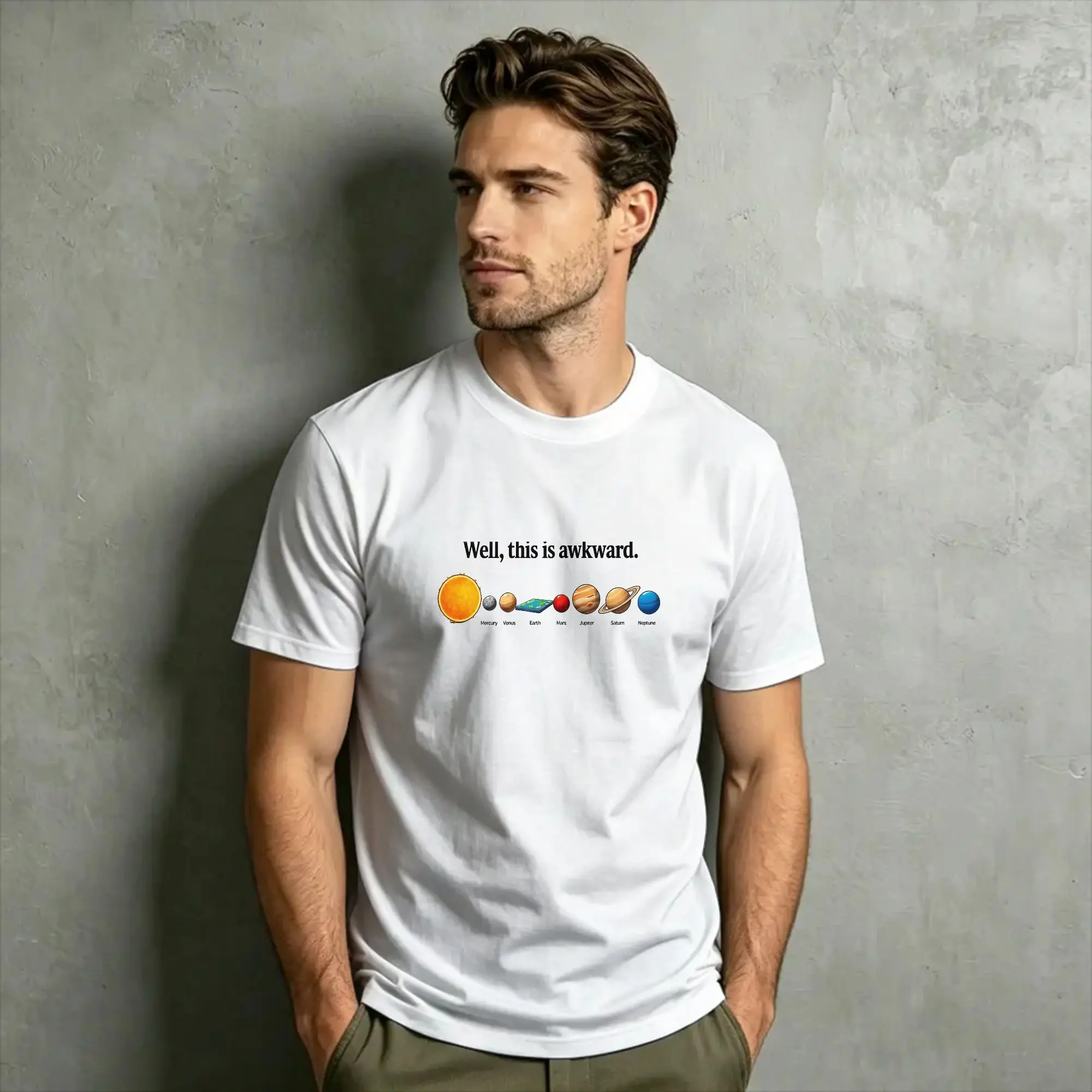 Men T-Shirts Funny Flat Earth Astronomy Novelty Pure Cotton Tees Short Sleeve Well This Is Awkward Solar System Clothes Graphic