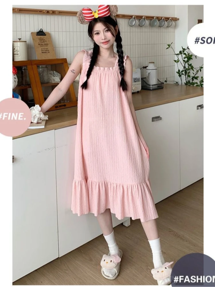 المرأة الحلو كشكش السباغيتي حزام ثوب النوم مطوي الملمس فضفاض سوينغ ماكسي فستان النوم لطيف ملابس غير رسمية الربيع الصيف