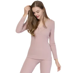 Elegant Mulberry Knitting V-Neck Silk Wool Thermal Underwear Pajama Set for Fashionable Women in Autumn 19085