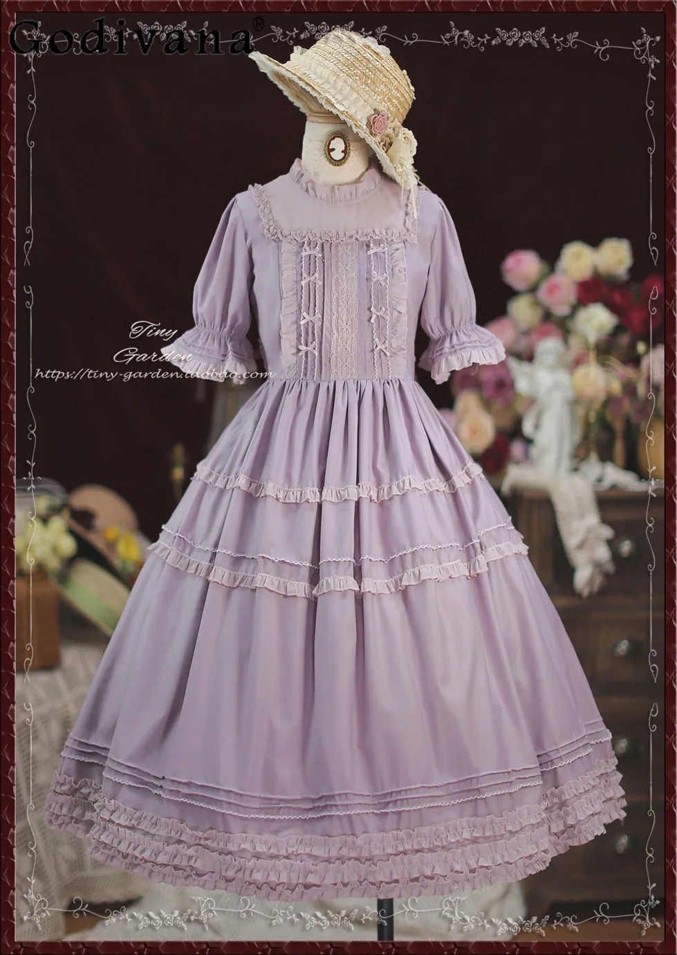 

French Elegance Girl Double Draw String Bows Lolita Round Neck Op Dress Sweet Easiest for Match Bow Slace Short Sleeve Dress