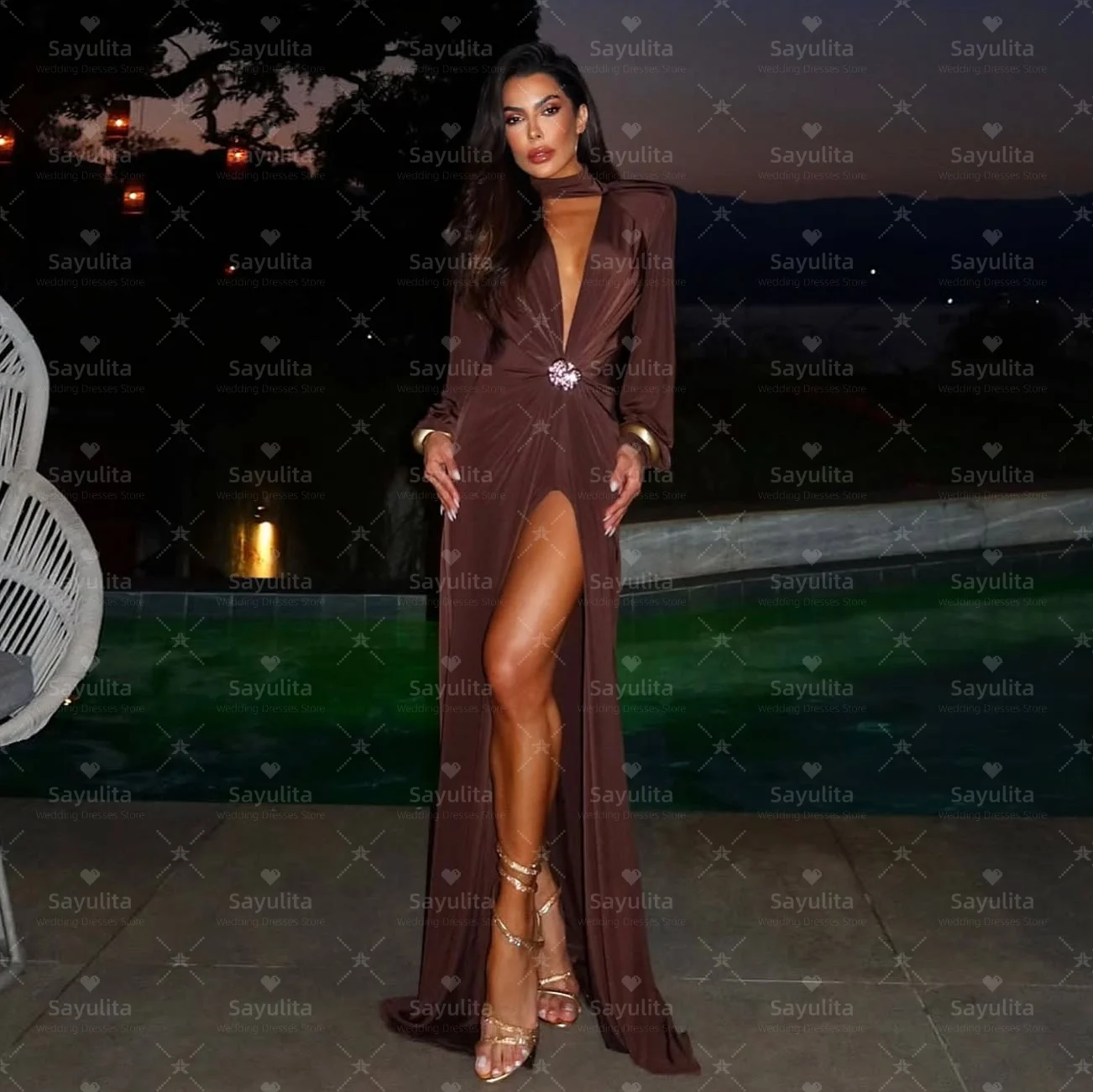 

Sayulita Пром платья с глубоким вырезом Robe Des Коктейльные вечерние платья с длинными рукавами и боковым разрезом Свадебное платье по индивидуальному заказу