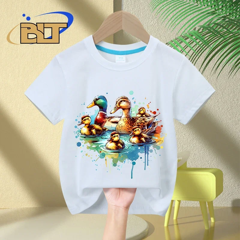 Camiseta infantil de algodão de manga curta, pato aquarela, estampa familiar, tops casuais para meninos e meninas, verão