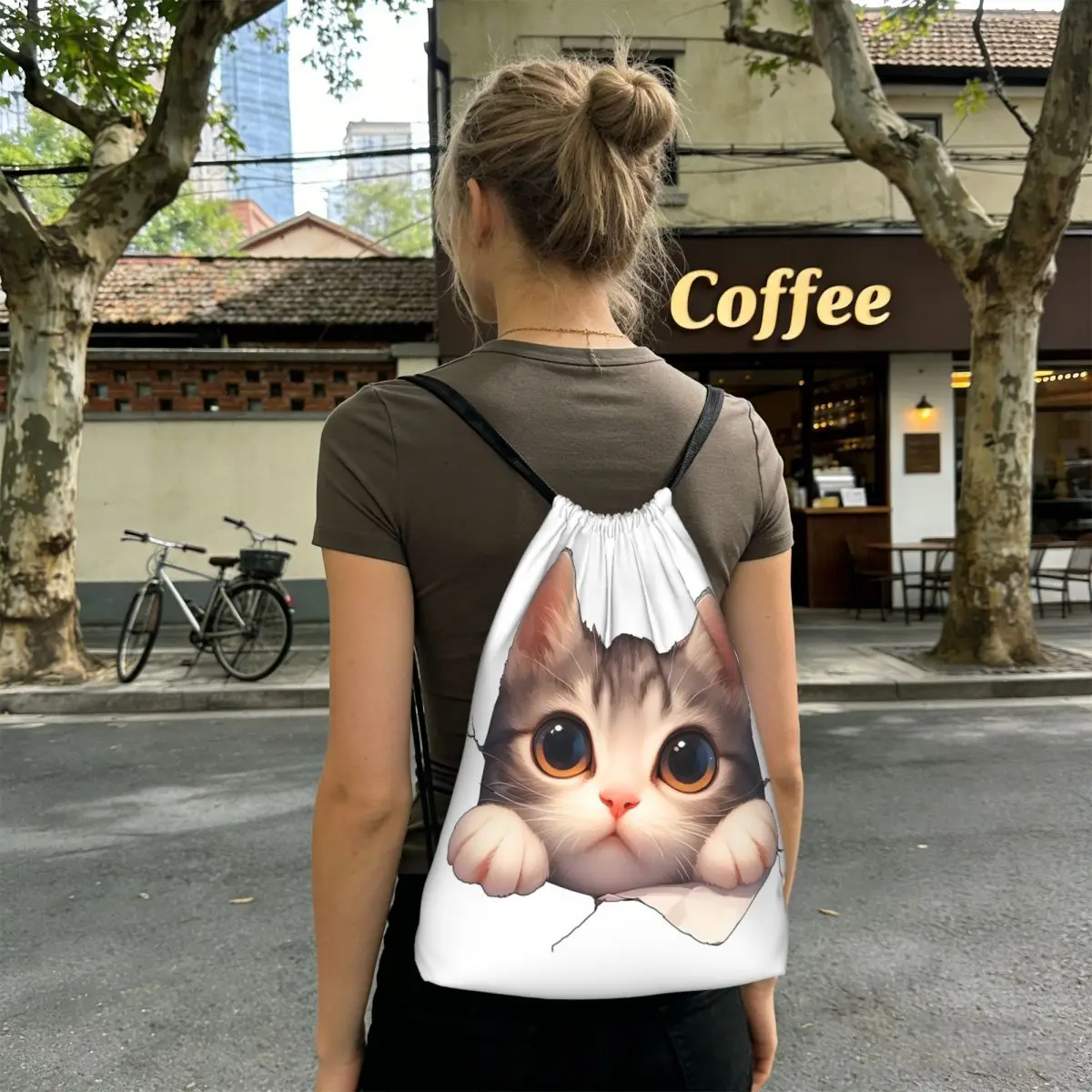 Cute Kitten For Climbing Walls Backpacks Casual Drawstring Bags Sundries Bag Book Bags for Travel School