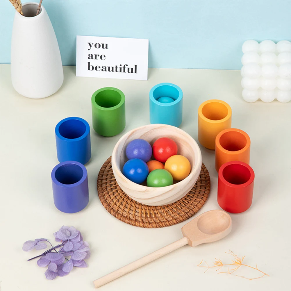 

Rainbow Balls in Cups Wooden Color Sorting Toy Training Logical Thinking Color Classification for Kids 3 Years Old and Up