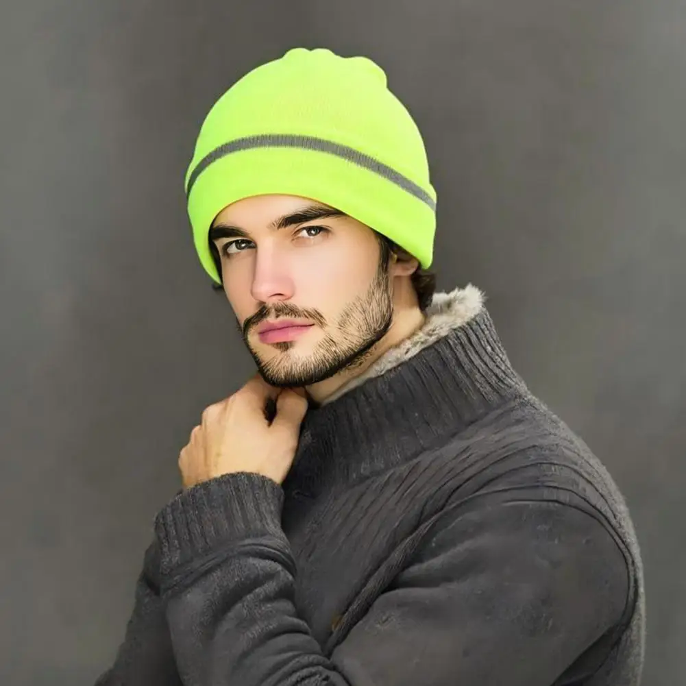 Unisex Knit Hat Reflective Strip Knitted Hat Warm Windproof Elastic Cold Resistance Headwear for Outdoor Unisex Use