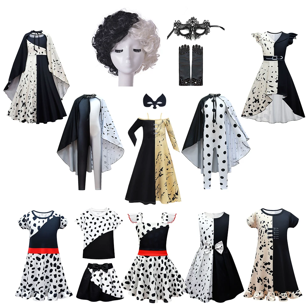 Halloween Girls Cruella Cosplay Costume Carnival Party Child Black White Witch Vampire Cartoon Dress Up Kids Performance Dresses