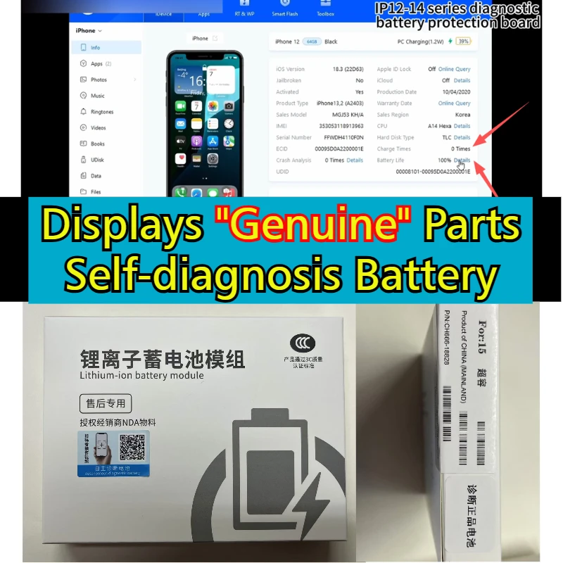 Batería de Autodiagnóstico de Alta Capacidad, 100% salud, muestra pieza 'Genuina', 0 ciclos, para iPhone 12-15 4
