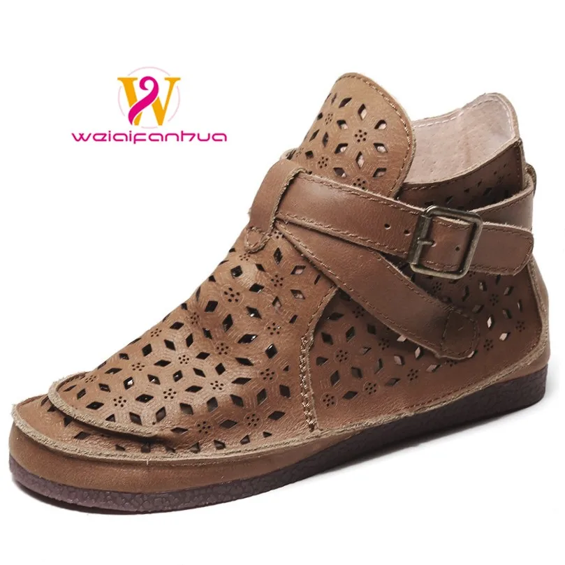 

Сандалии из натуральной коровьей кожи, новинка 2026 года, ретро-ботинки на плоской подошве, сандалии с ручной резьбой и вырезами, короткие ботинки для женщин