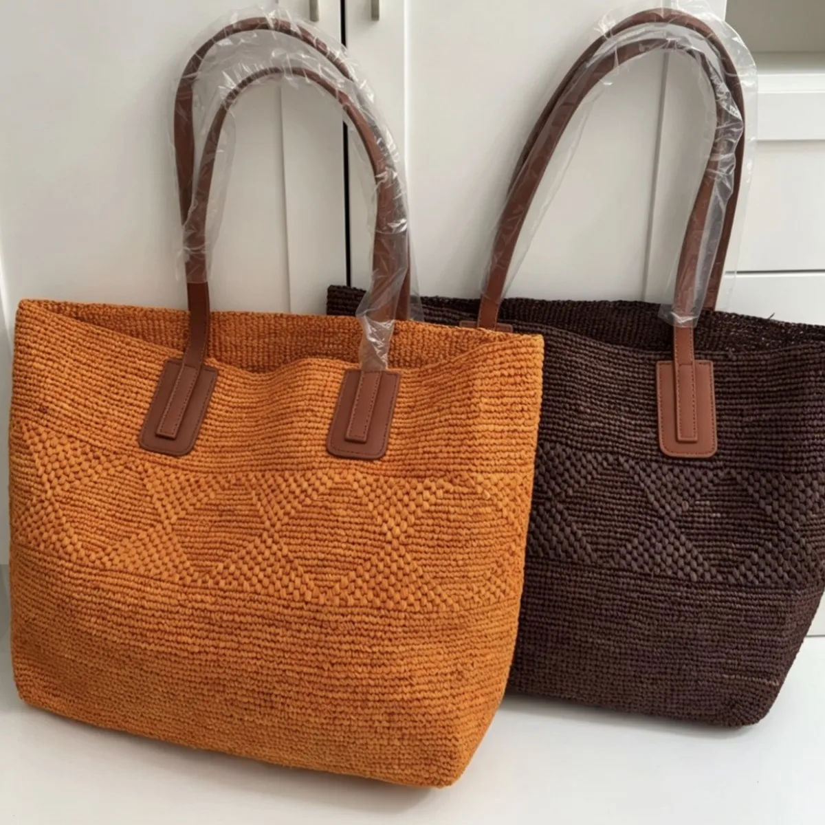 Free Lazy Artistic Texture Large Capacity Straw Tote Bag Lafite Grass Weaving Handmade Woven Summer Beach Bag Commuter Shopping