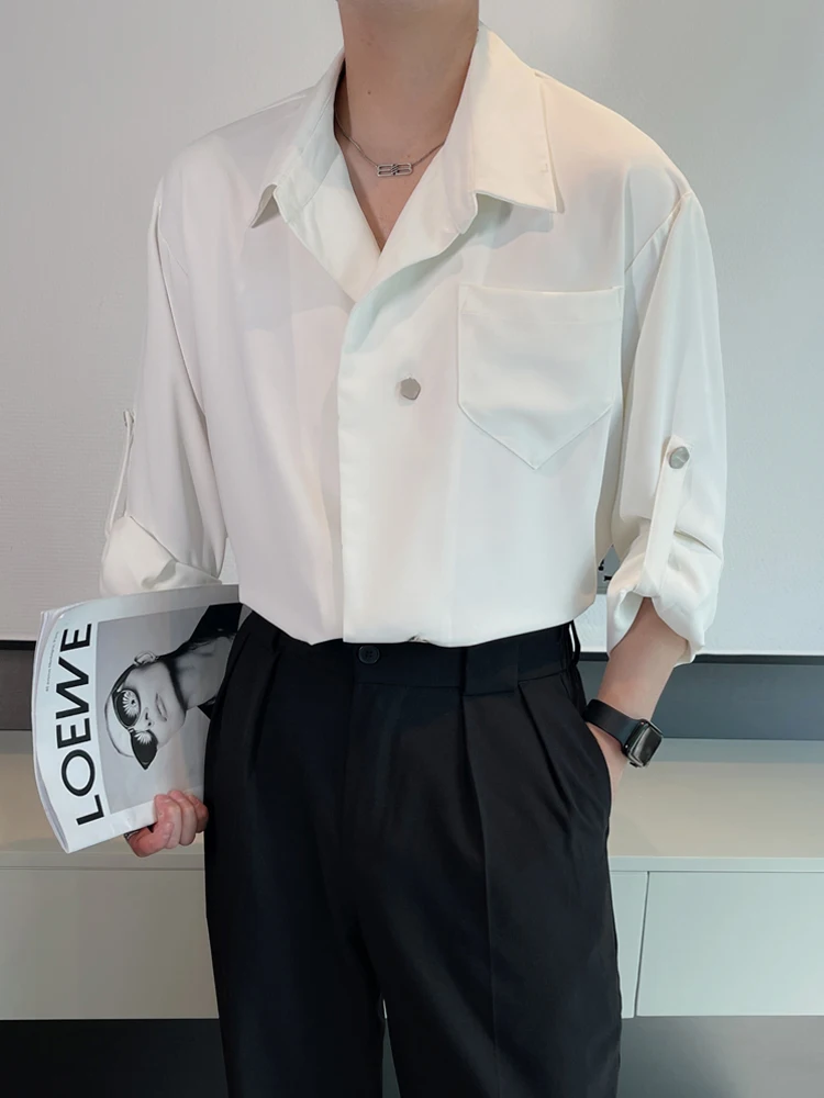 

White Silk Smooth Long Sleeve Men's Shirt Autumn New Style Loose Fit Fashionable Youthful Pure Color Button Detail No Iron Ne...