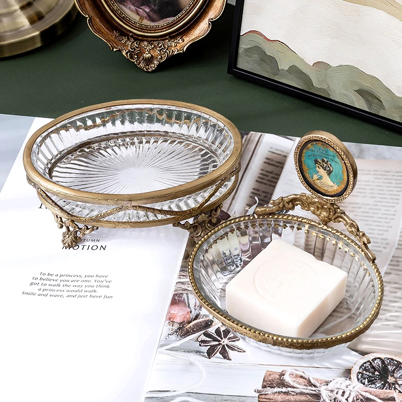 European-style imported brass glass bathroom soap box French retro personalized jewelry earrings storage plate handicrafts