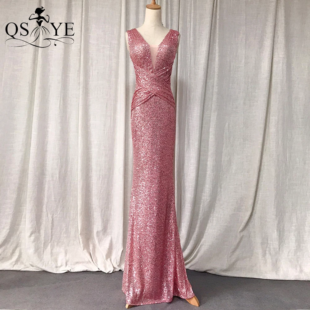 

Pink Sequin Prom Dresses Mermaid Evening Gown V Neck Ruched Long Formal Party Gown Crisscross Waist Women Dress Sleeveless New