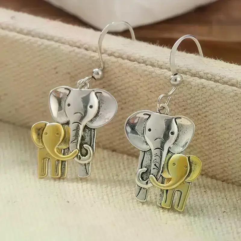 Vintage Two Color Elephant Dangle Women's Earrings Metal Hand Carving Party Daily Wear