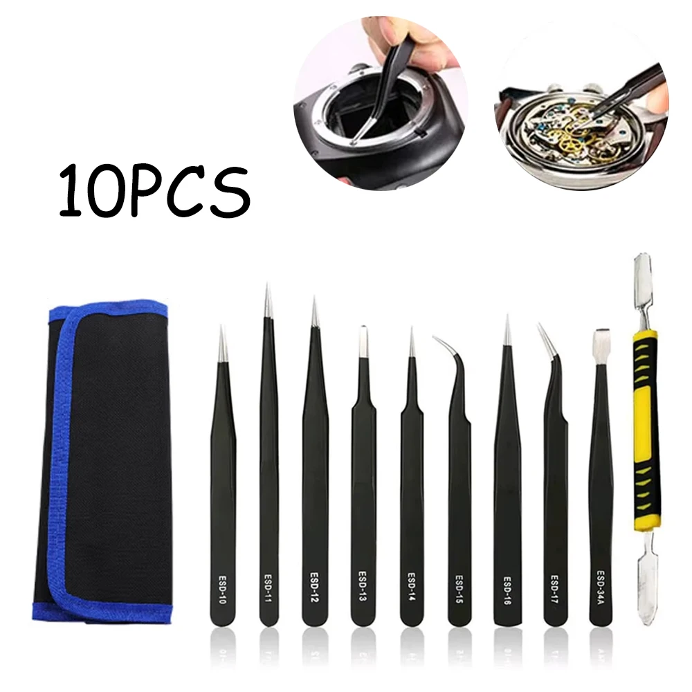 

10 Pcs Tweezers Set Bag Stainless Steel Anti-Static Precision Tweezers Kits for Electronic Mobile Phone Repair Tools Hand Tools