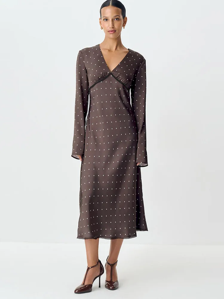 Oniflyme Abito lungo da donna in raso con scollo a V sexy con stampa a pois Abito lungo da donna con patchwork bianco a maniche lunghe in pizzo sottile ed elegante