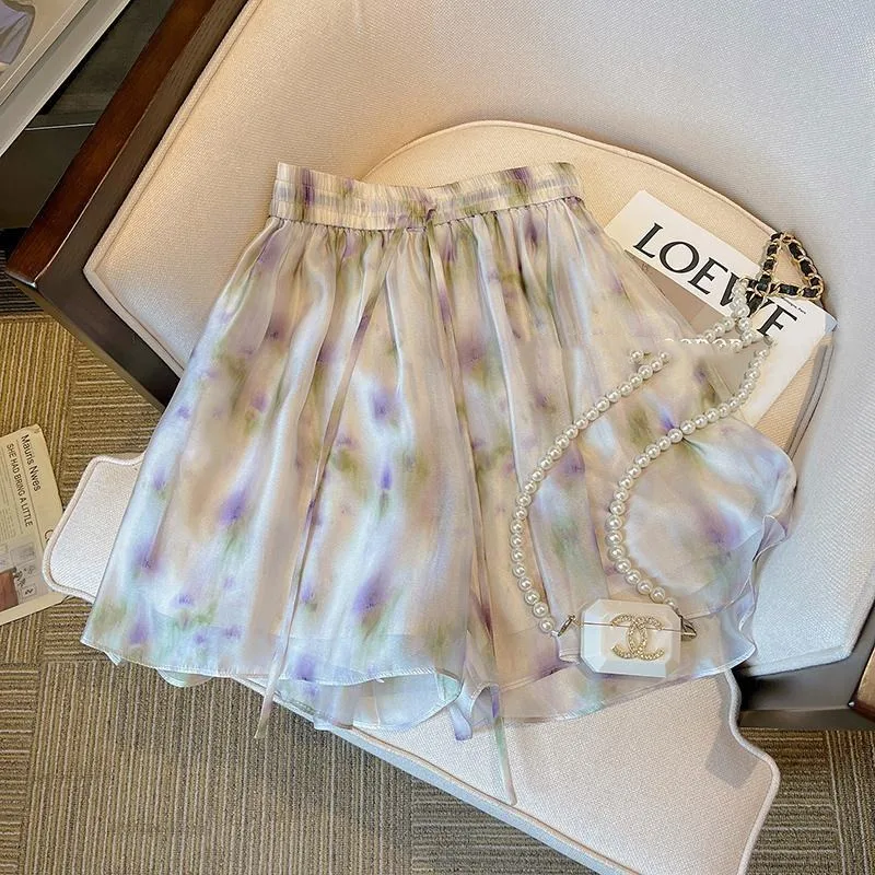 Pantalones cortos de pierna ancha de gasa, pantalón elegante con estampado de troquel de corbata, cintura elástica, cordón, dulce moda informal,