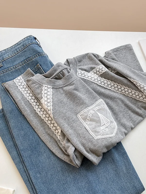 

Ruffle Lace Splice Long Sve round Ne T-irt Women's 2025 Autumn Winter New Sle Ele Base irt Top Classical Sle...