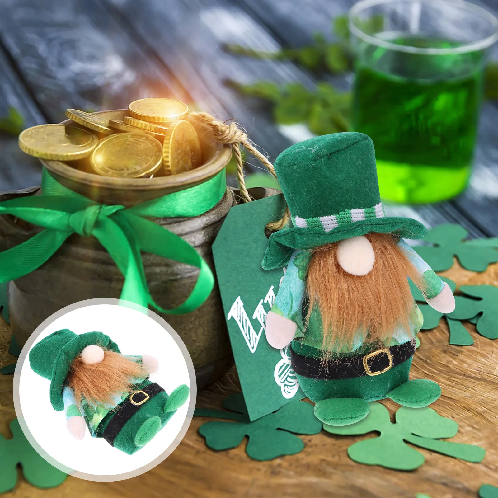 

1Pcs St Patrick's Hat Gnome Adornment with Clover Pattern Handmade 3D Soft Decor for Home Office Party Photo Prop