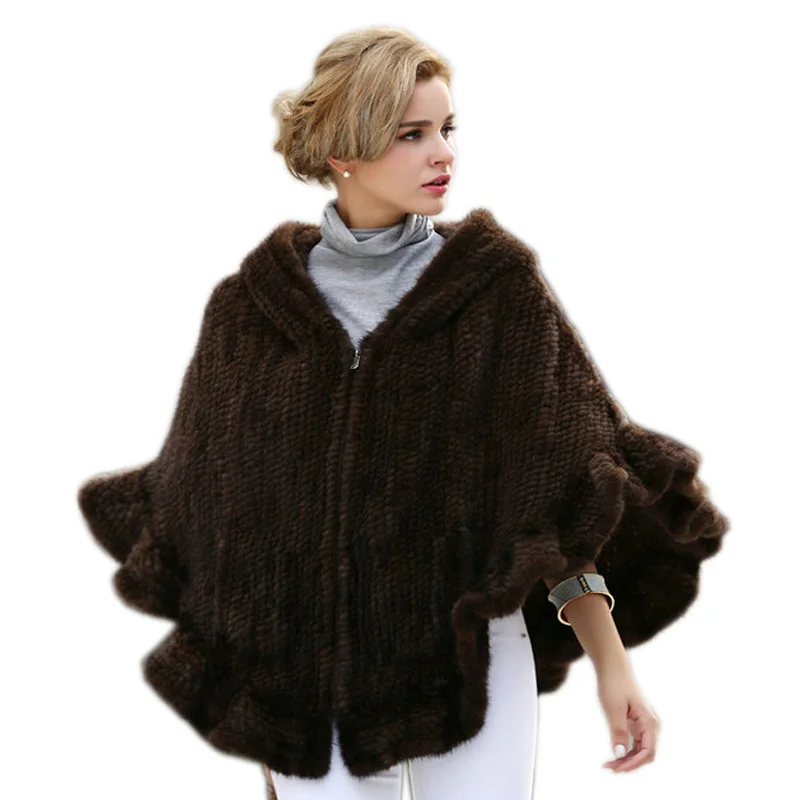 2021 New Genuine Mink Fur Shawl Knitted Real Mink Fur Poncho For Women Natural Fur Warp With Hood Winter Mink Fur Jacket