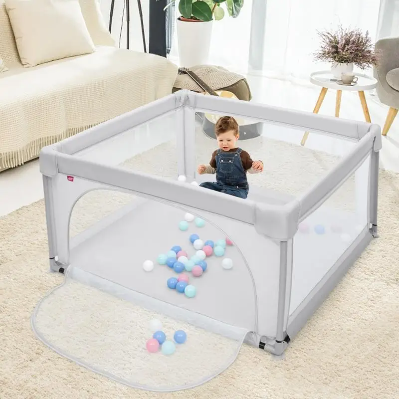 Parc de jeux pour enfants de 120x120x68 cm avec panneaux en maille respirante, structure en acier et Oxford, ventouse antidérapante, comprend 50 balles colorées, adapté aux enfants de 10 mois à 6 ans, facile à assembler et à nettoyer.