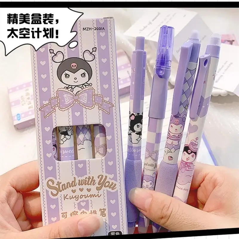 Sanurgente Kuromi-Stylo gel effaçable à séchage rapide, dessin animé mignon, fournitures de bureau et scolaires, cadeaux de vacances, papeterie, 4 pièces