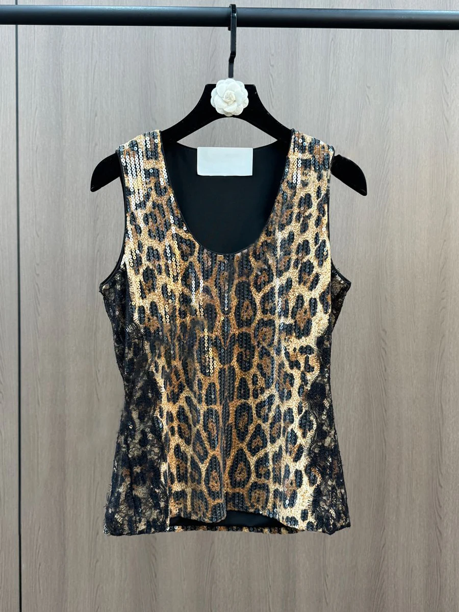 VGH Leopard Printed Two Piece Set For Women O Neck Sleeveless Top Mid Waist Shorts Patchwork Zipper Sexy Club Suit Female Autumn