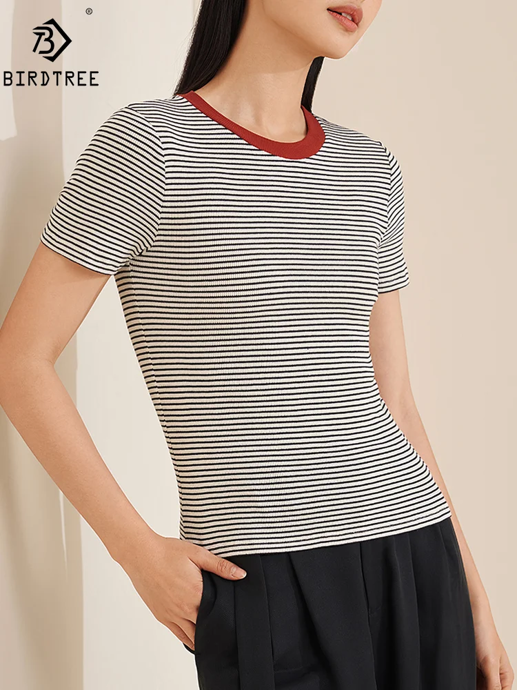 

BirdTree, 69%Natural Silk Elegant Knit T-Shirt, Women Short Sleeve Striped, Retro Commute Blouses, 2024 Summer Autumn T478134QM
