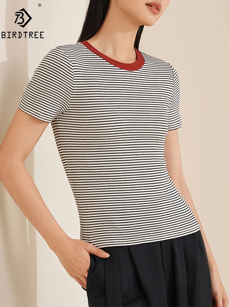 BirdTree, 69%Natural Silk Elegant Knit T-Shirt, Women Short Sleeve Striped, Retro Commute Blouses, 2024 Summer Autumn T478134QM