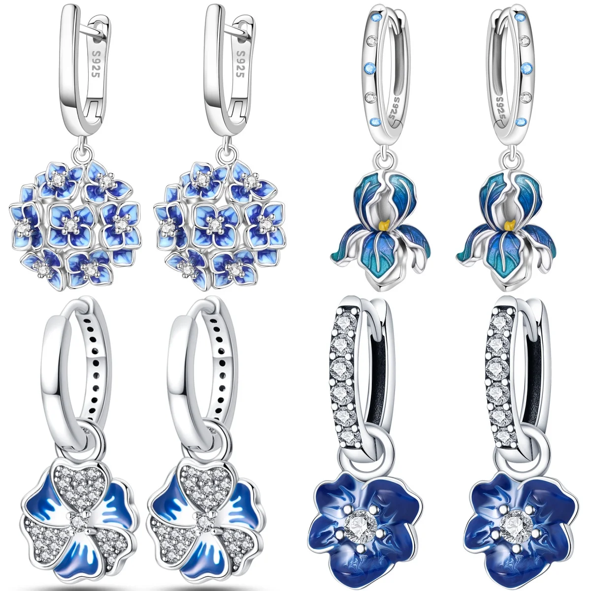 PANPOKI 925 Sterling Silver Blue Hydrangea Flower Earrings Original Jewelry Drop Earrings Jewelry Party Anniversary Gifts