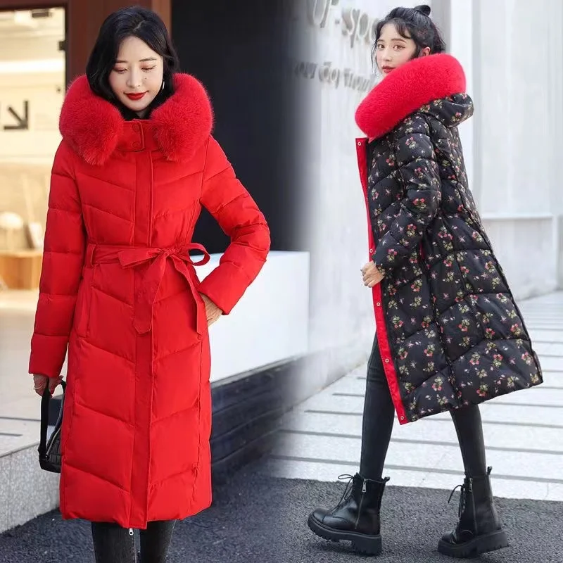 Double Side Down Cotton Jacket Fur Collar Hooded Parka Women Quilted Jacket Lady Coat Windproof Long Print Snow Outwear -30° C