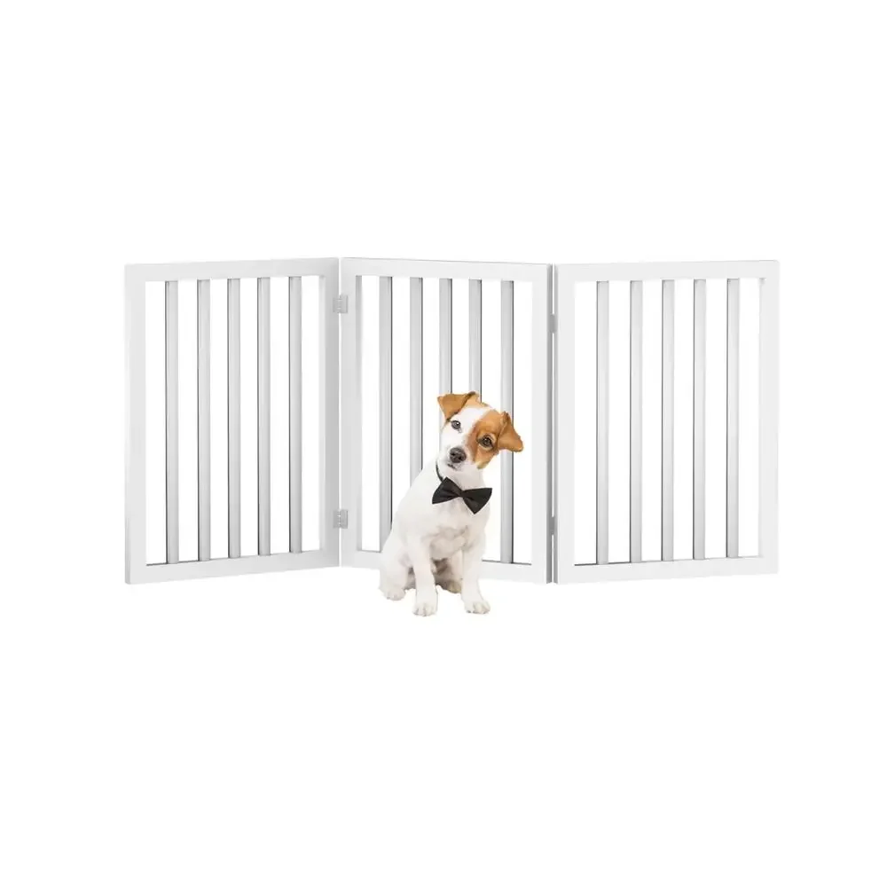 Wooden Folding Pet Gate 3 Panel Freestanding Barrier Stairs & Doorways Foldable Retractable Design White Color Ideal Small Dogs