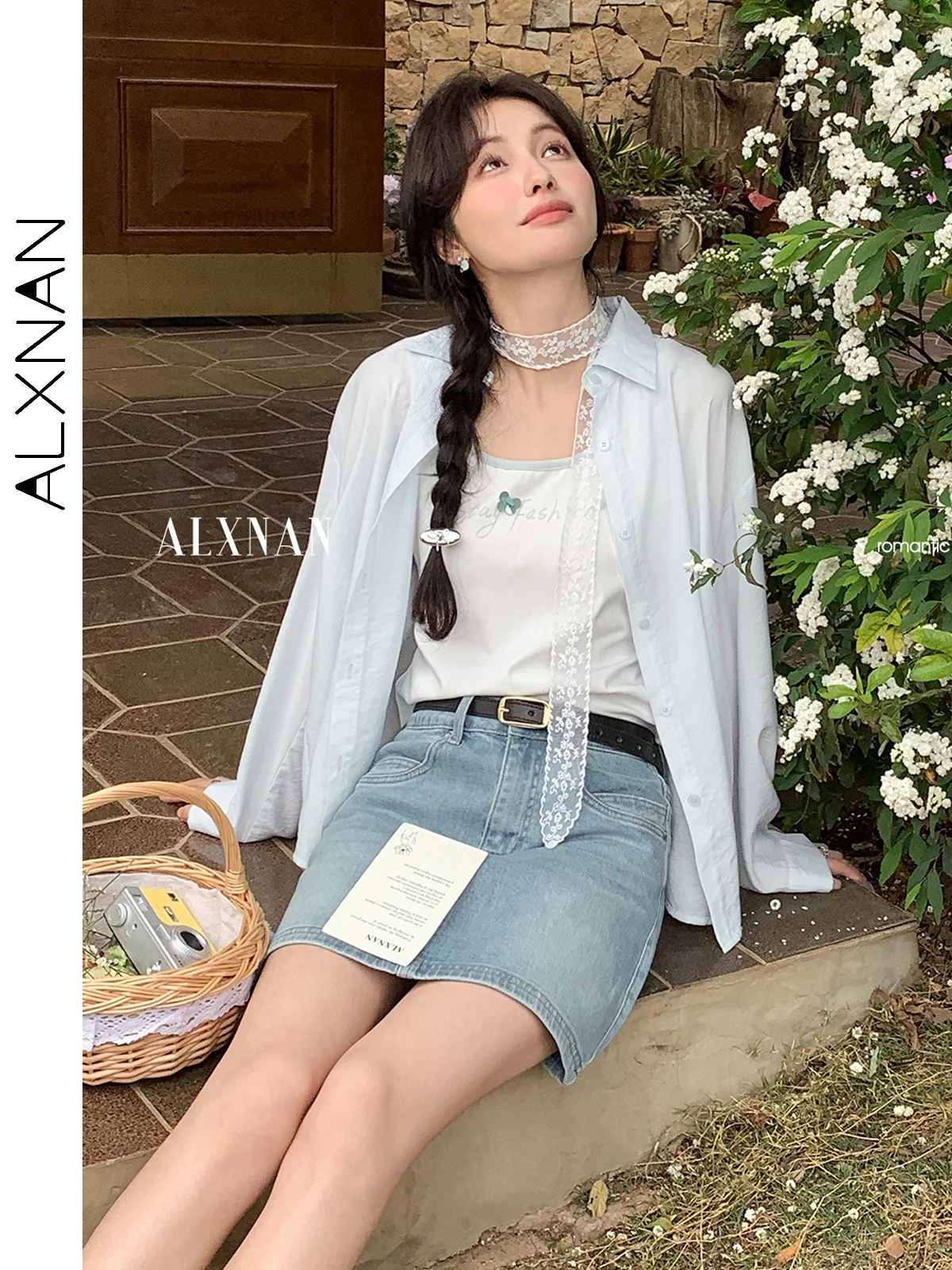 ALXNAN Women's Skirt Blue Vintage Elegant Mini Denim Skirt 2025 Summer High-waist A-line Cotton Casual Ladies Clothing L55172