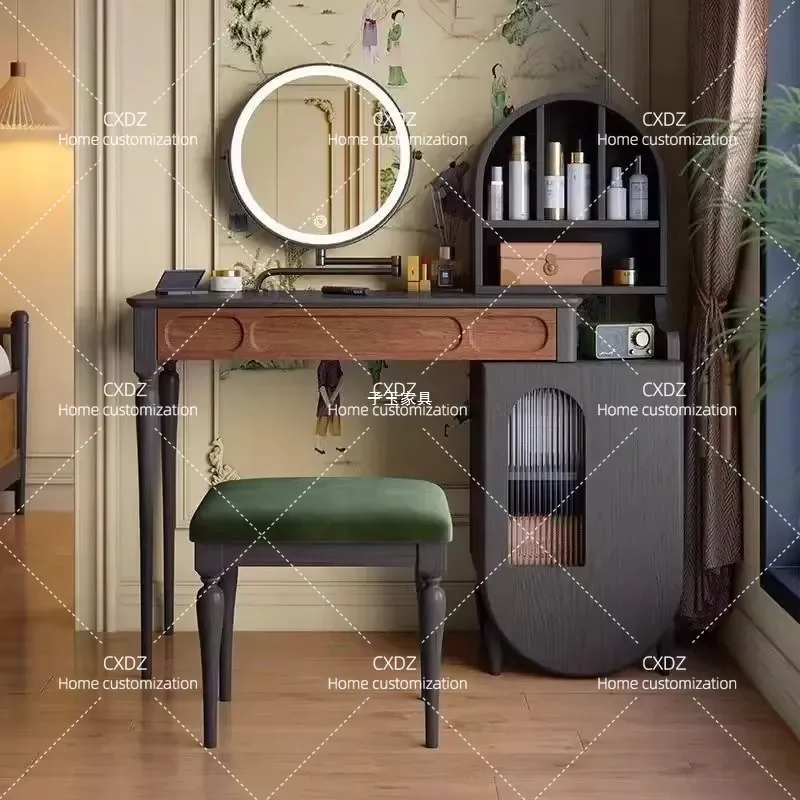 Retro Solid Wood Black Dresser Small Apartment Bedroom Makeup Table Integrated Storage Cabinet Vintage Style Furniture