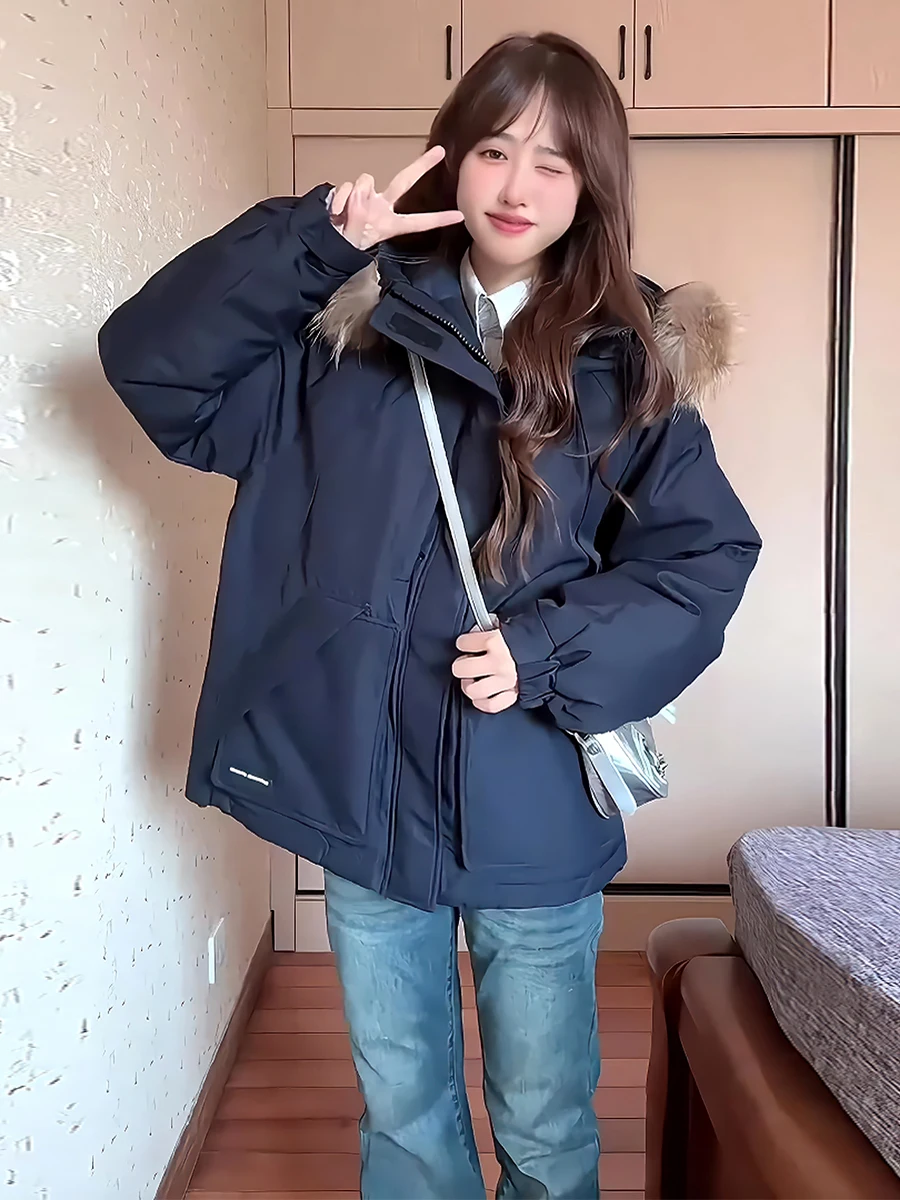 여성용 테이니드 패딩 재킷 2024 겨울 캐주얼 따뜻한 코트 오버 롱 후드 출퇴근용 슬레 화이트 듀 다운 필