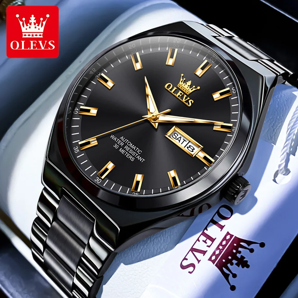 

Olevs Men Automatic Mechanical Business Wristwatch Blue Dial Stainles Steel Strap Relógio Masculino Waterproof Watches For Man